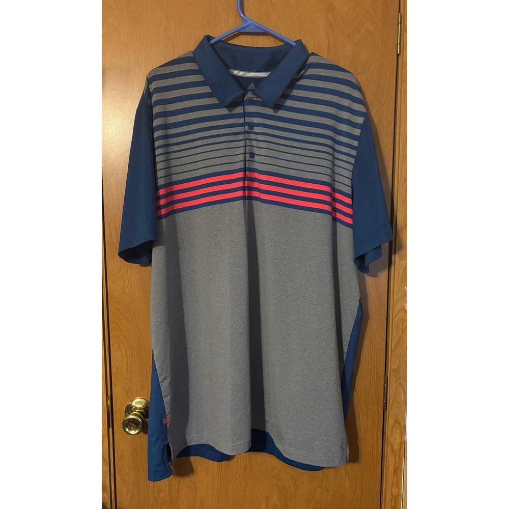 Adidas Golf Mens 2XL Polo Shirt Blue Grey Orange Striped Colorblock Short Sleeve